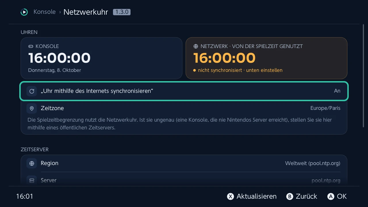 Netzwerkuhr: die Konsolenuhr neben der Netzwerkuhr, nach der die Spielzeit zählt