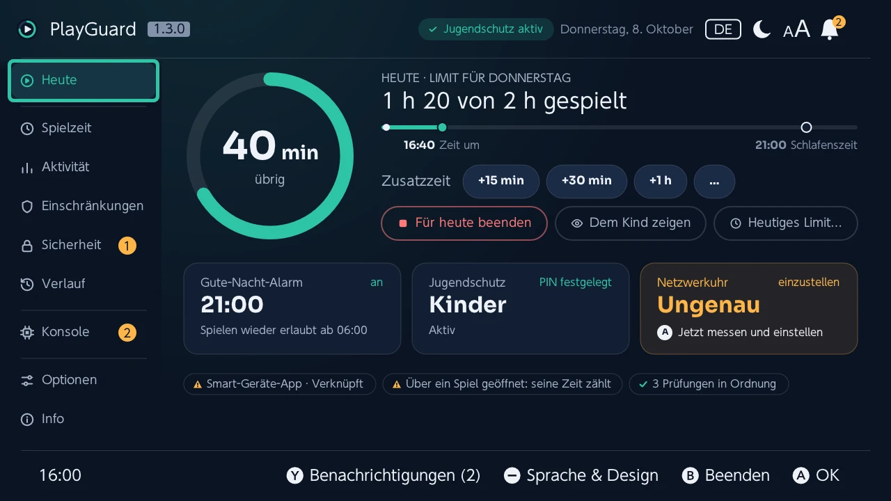 Heute: die verbleibende Zeit auf einem Ring, mehr Zeit und Schluss für heute, dann Schlafenszeit, Jugendschutz und Netzwerkuhr auf einen Blick