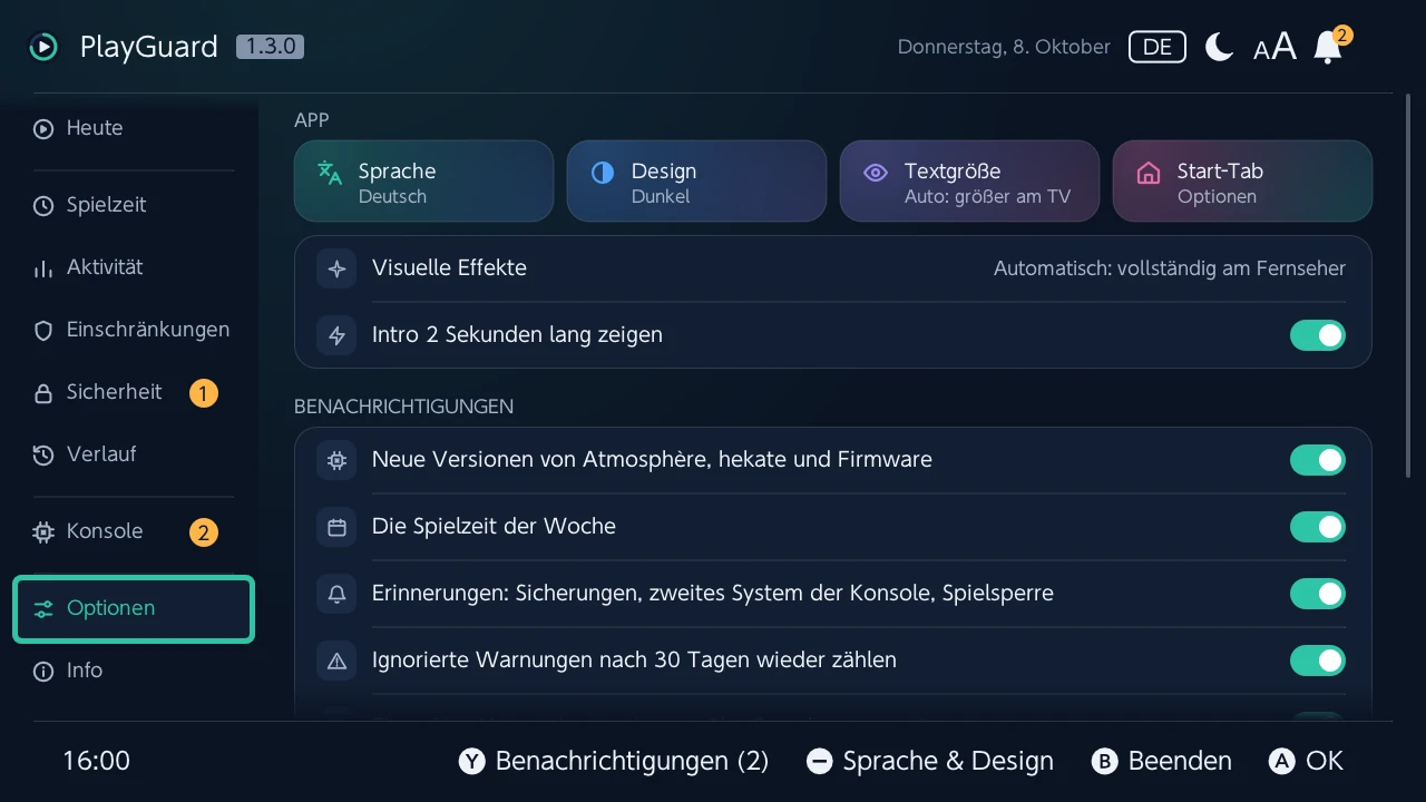 Optionen: Sprache, Design, Textgröße und der Tab, mit dem PlayGuard öffnet