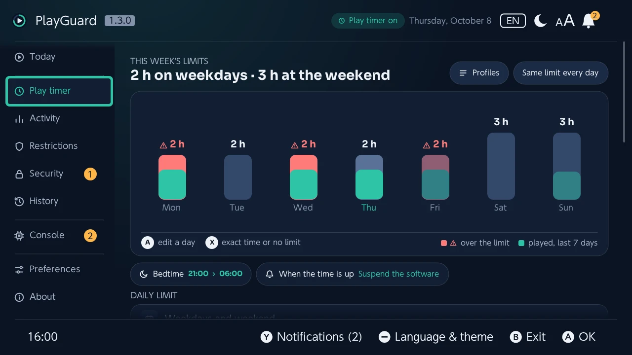 Play timer: the week's limits as bars with the time played each day, then bedtime and what happens when the time is up