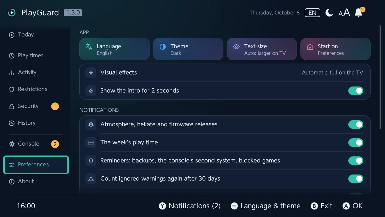 Preferences: the language, the theme, the text size and the tab PlayGuard opens on
