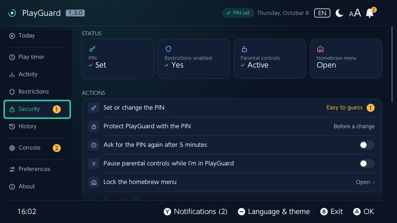 Security: the PIN, the restrictions and parental controls as status tiles, then the PIN's actions