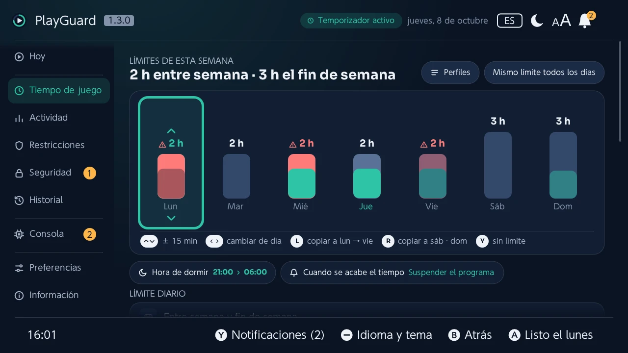 El límite de un día cambiado en la semana, con la palanca