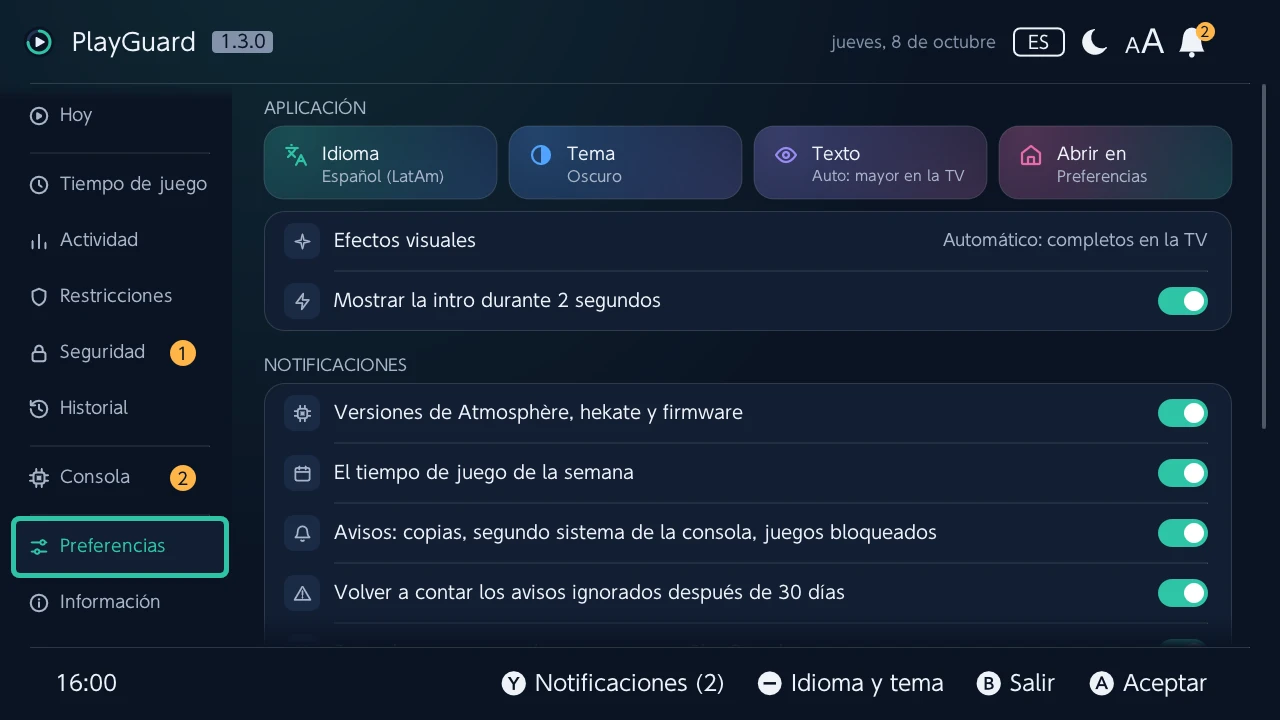 Preferencias: el idioma, el tema, el tamaño del texto y la pestaña con la que se abre PlayGuard