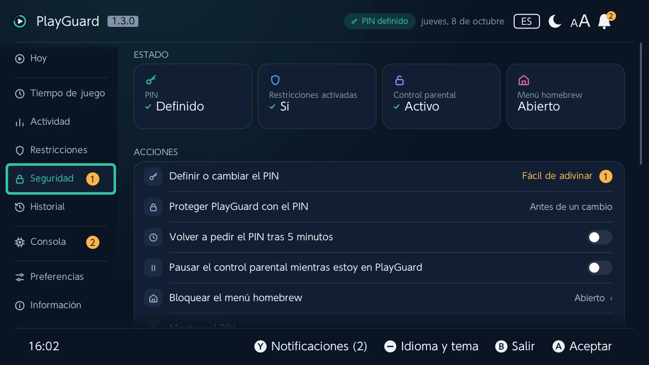 Seguridad: el PIN, las restricciones y el control parental como fichas de estado, y luego las acciones del PIN