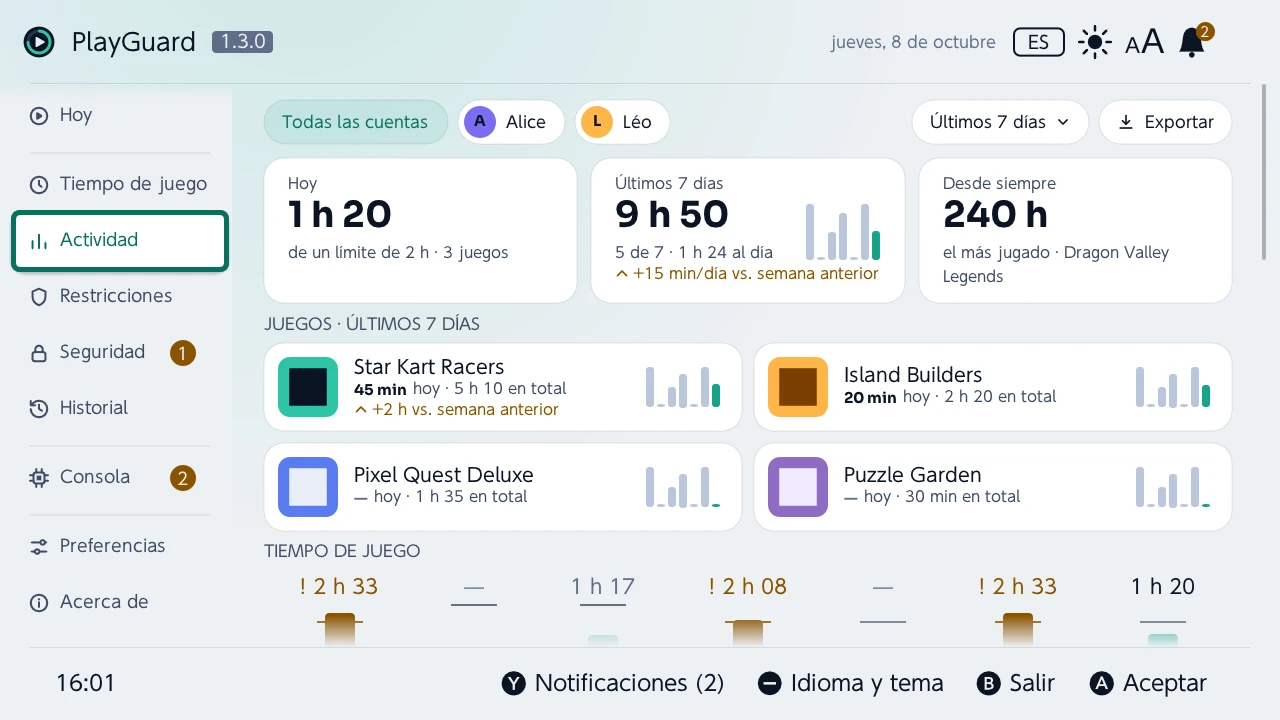 Actividad: el tiempo jugado hoy, esta semana y en total, por juego y por cuenta
