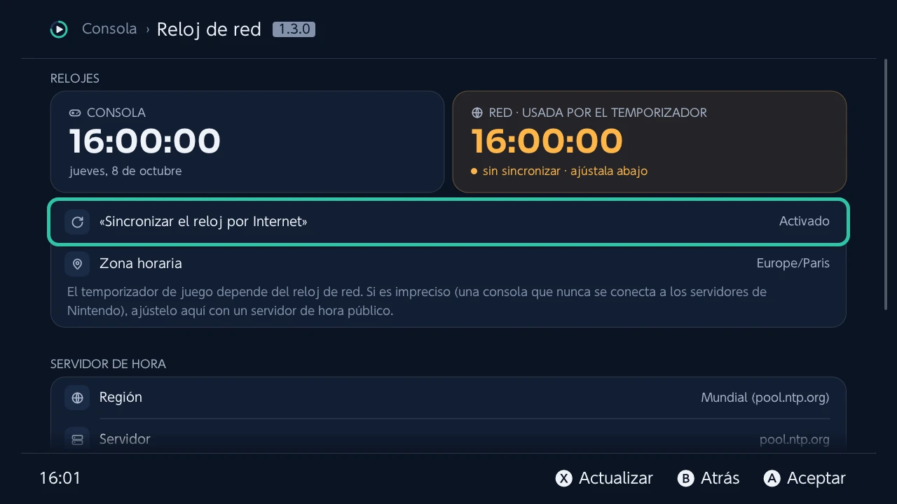 Reloj de red: el reloj de la consola junto al reloj de red del que depende el tiempo de juego