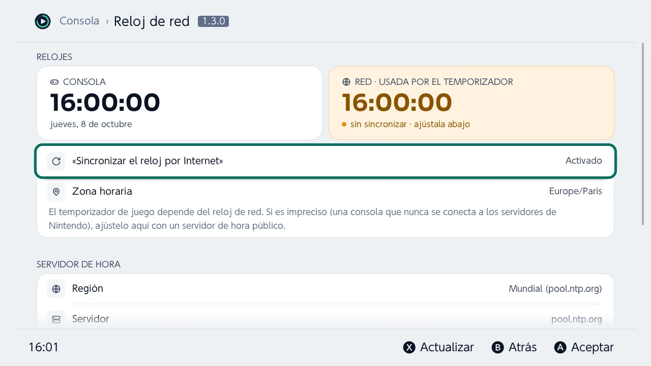 Reloj de red: el reloj de la consola junto al reloj de red del que depende el tiempo de juego