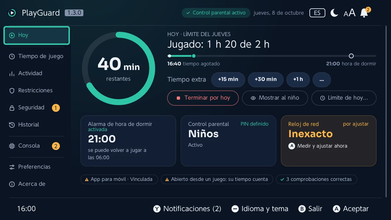 Hoy: el tiempo restante en un anillo, tiempo extra y parar por hoy, y luego la hora de dormir, el control parental y el reloj de red de un vistazo