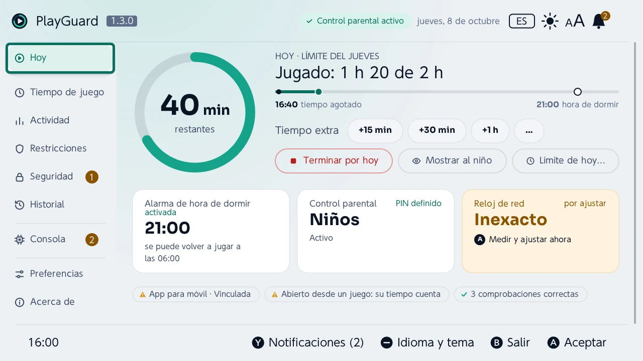 Hoy: el tiempo restante en un anillo, tiempo extra y parar por hoy, y luego la hora de dormir, el control parental y el reloj de red de un vistazo