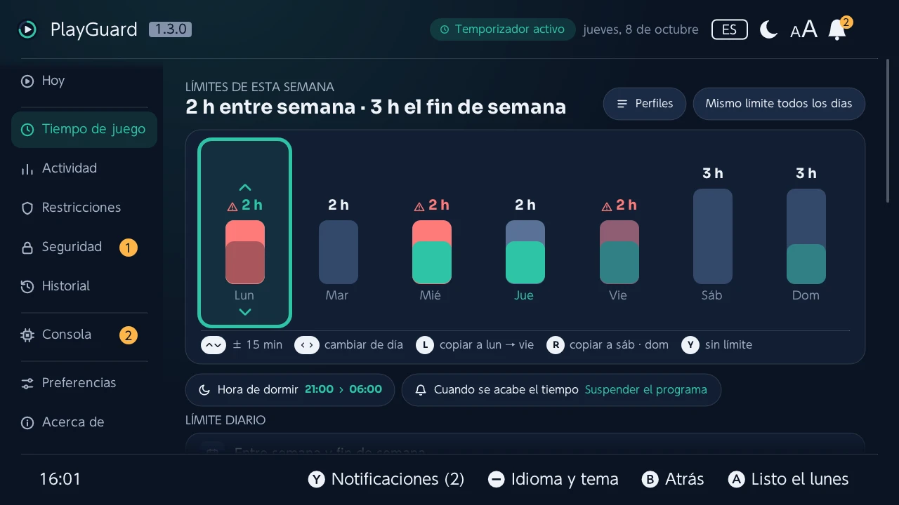 El límite de un día cambiado en la semana, con el stick