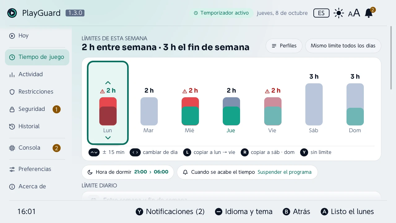 El límite de un día cambiado en la semana, con el stick