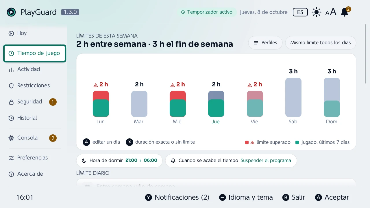 Tiempo de juego: los límites de la semana en barras con el tiempo jugado cada día, y luego la hora de dormir y qué pasa cuando se acaba el tiempo