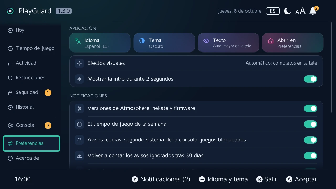 Preferencias: el idioma, el tema, el tamaño del texto y la pestaña con la que se abre PlayGuard