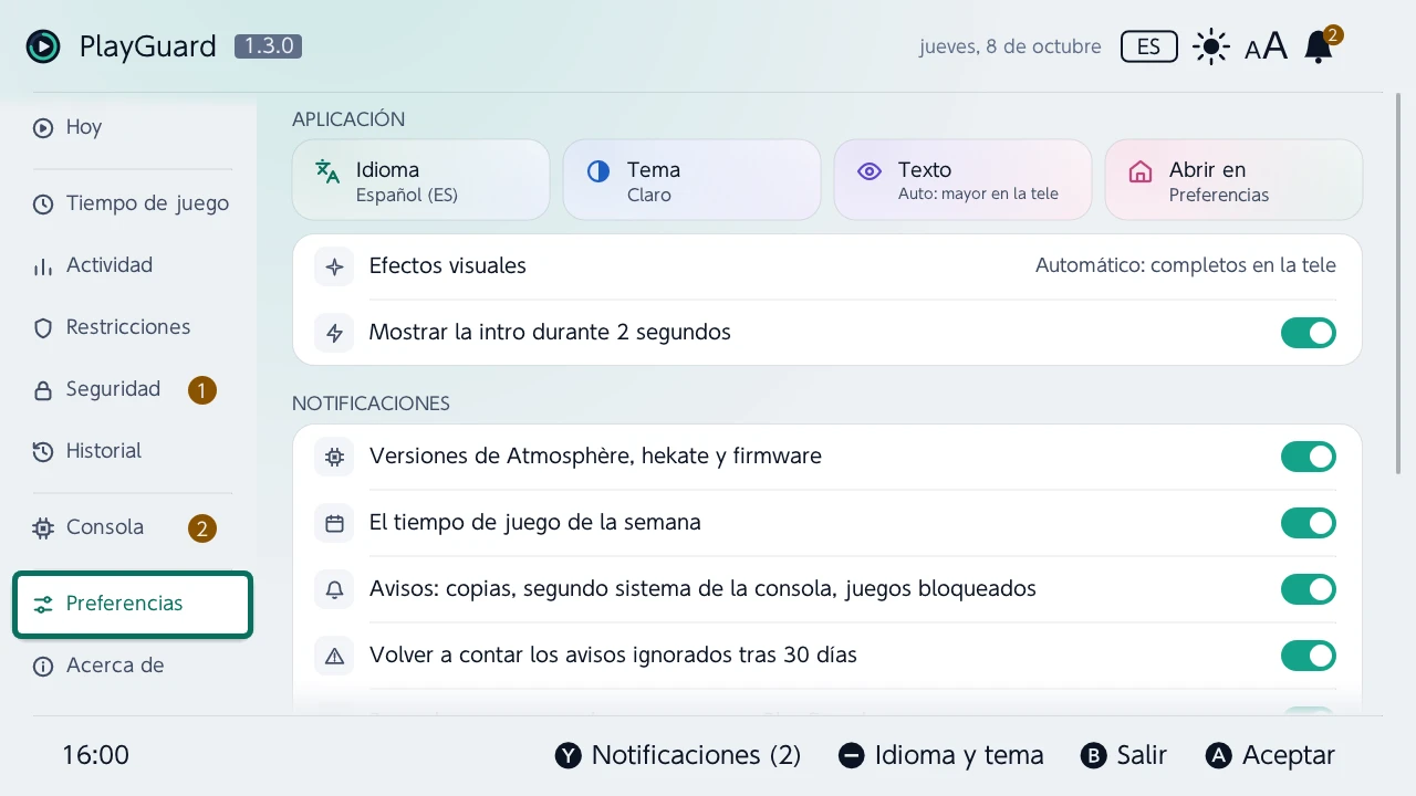 Preferencias: el idioma, el tema, el tamaño del texto y la pestaña con la que se abre PlayGuard