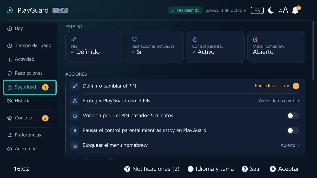 Seguridad: el PIN, las restricciones y el control parental como fichas de estado, y luego las acciones del PIN