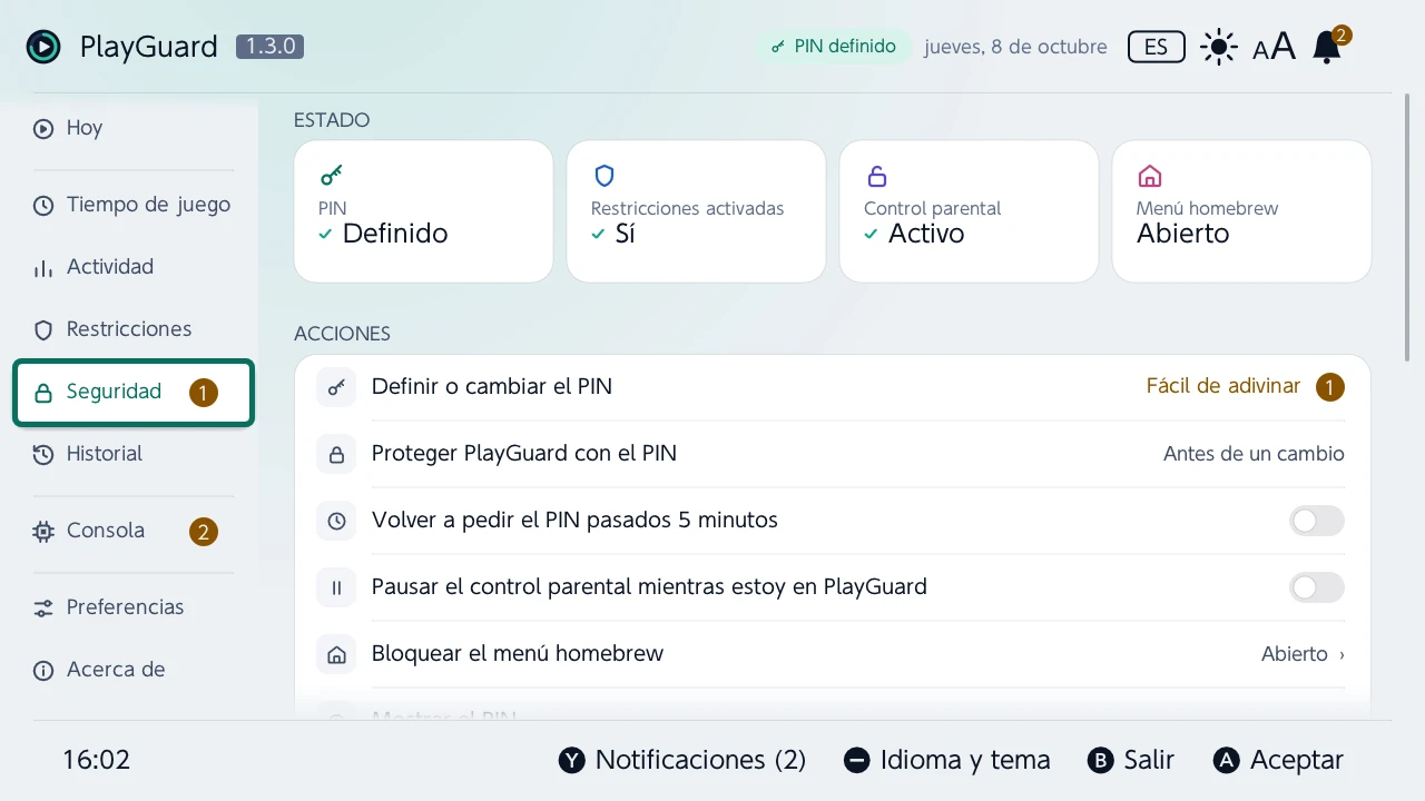 Seguridad: el PIN, las restricciones y el control parental como fichas de estado, y luego las acciones del PIN