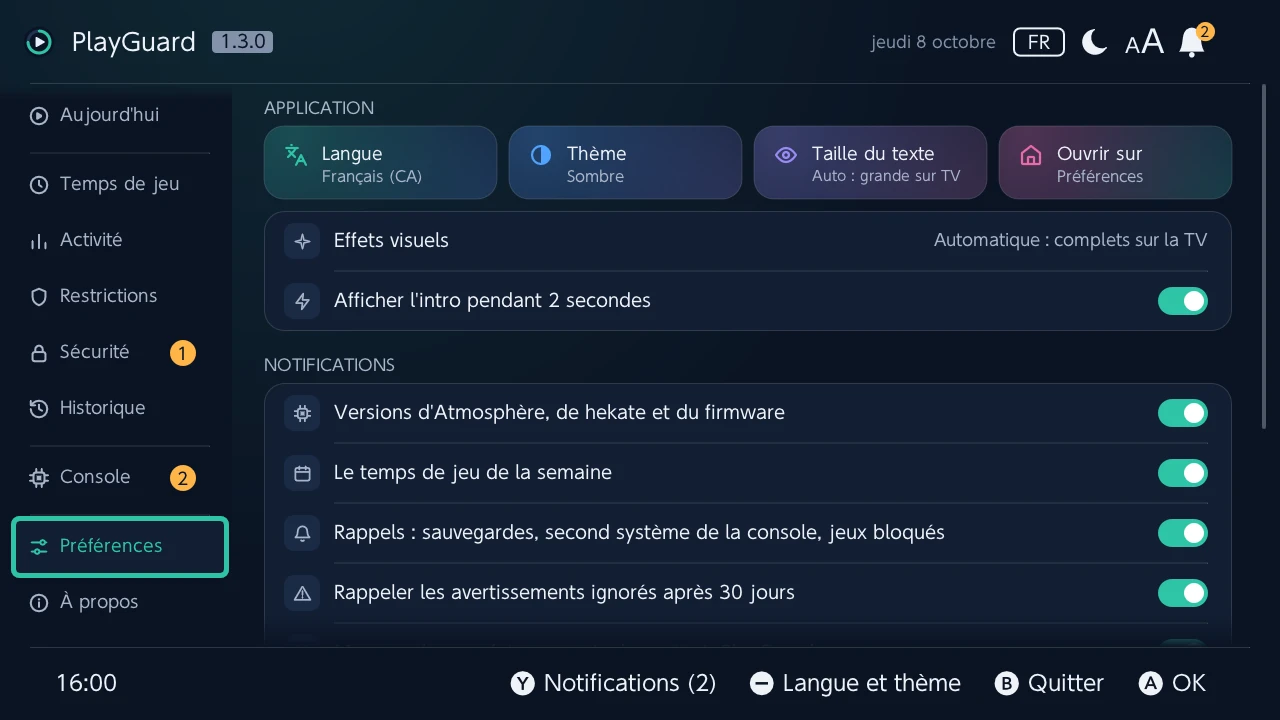 Préférences : la langue, le thème, la taille du texte et l'onglet à l'ouverture de PlayGuard