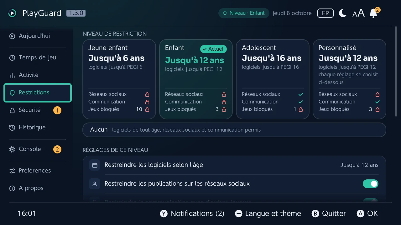Restrictions : le niveau de restriction et ce qu'il autorise