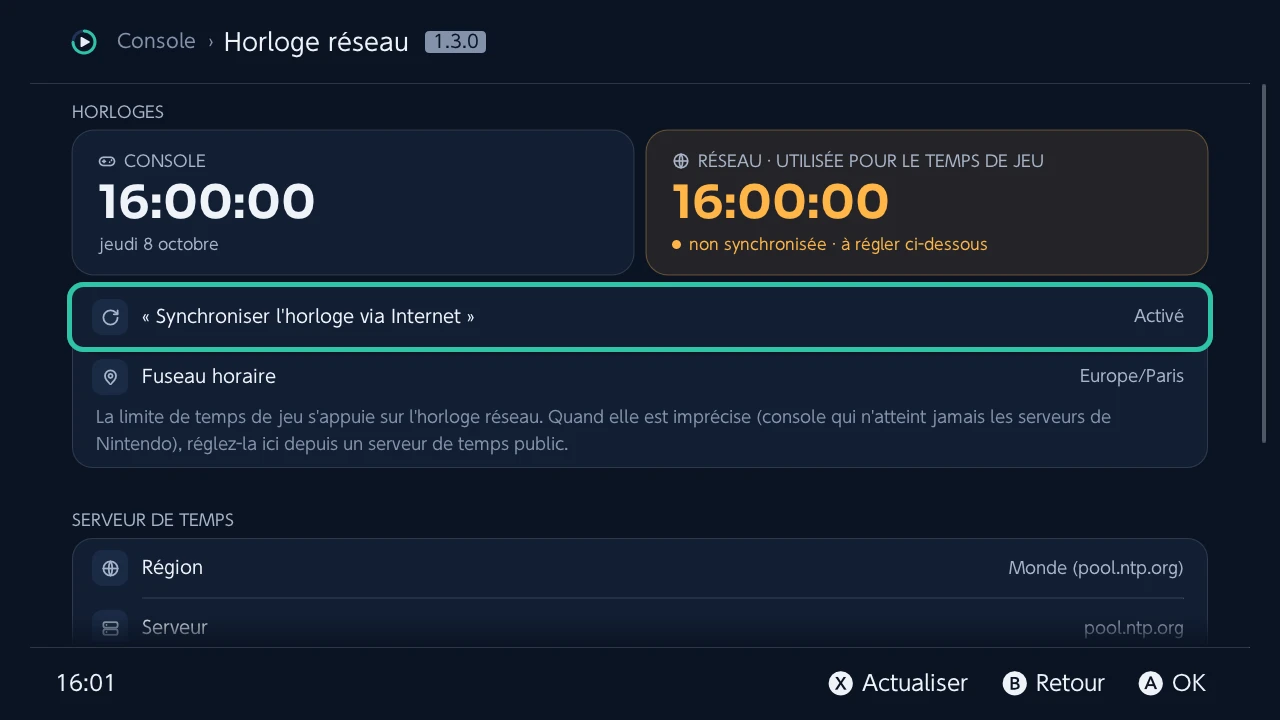 Horloge réseau : l'horloge de la console à côté de l'horloge réseau dont dépend le temps de jeu
