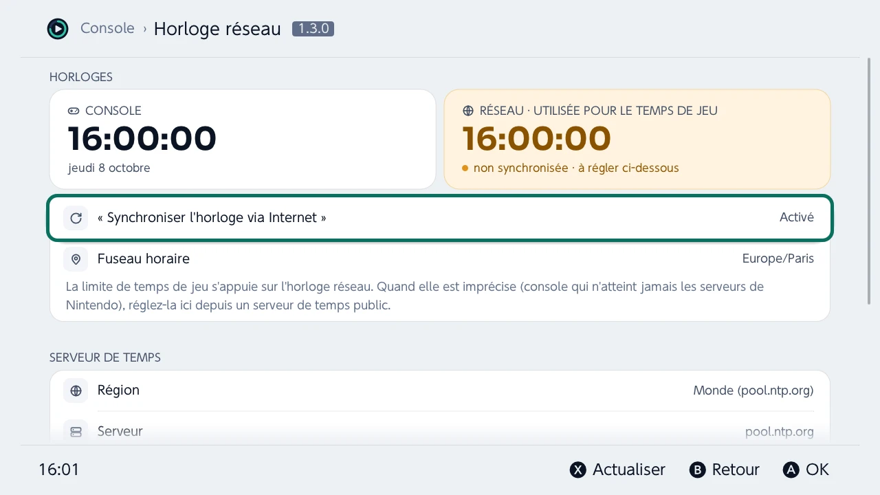 Horloge réseau : l'horloge de la console à côté de l'horloge réseau dont dépend le temps de jeu
