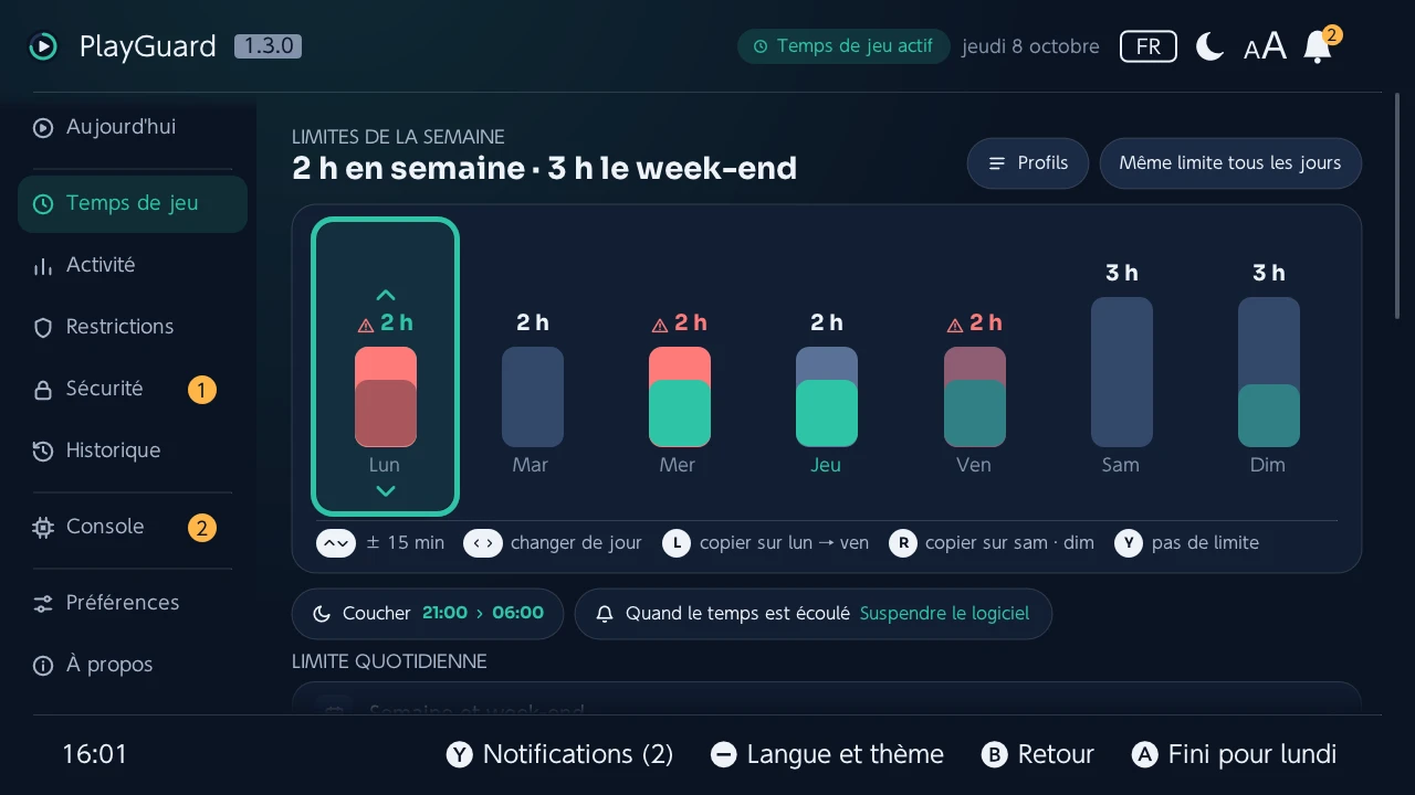 La limite d'un jour modifiée sur la semaine, avec le stick