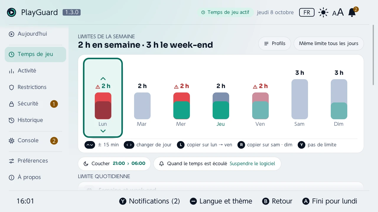 La limite d'un jour modifiée sur la semaine, avec le stick