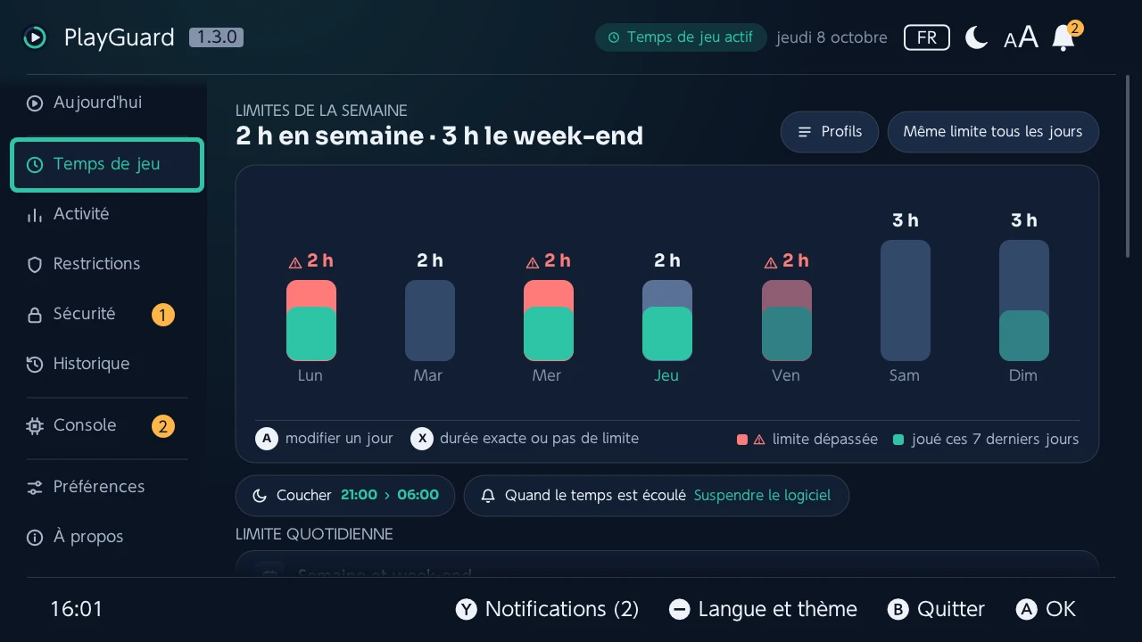 Temps de jeu : les limites de la semaine en barres avec le temps joué chaque jour, puis le coucher et ce qui se passe quand le temps est écoulé