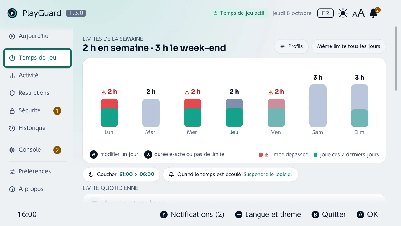Temps de jeu : les limites de la semaine en barres avec le temps joué chaque jour, puis le coucher et ce qui se passe quand le temps est écoulé