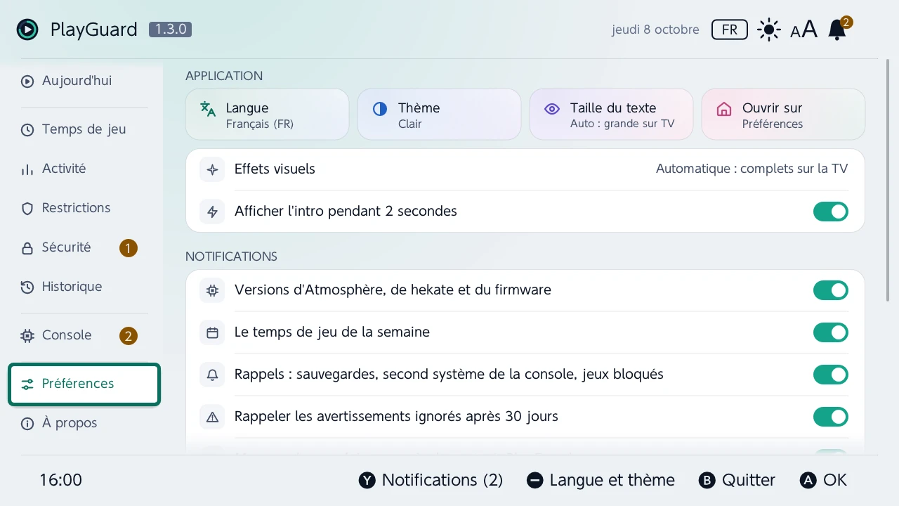Préférences : la langue, le thème, la taille du texte et l'onglet à l'ouverture de PlayGuard