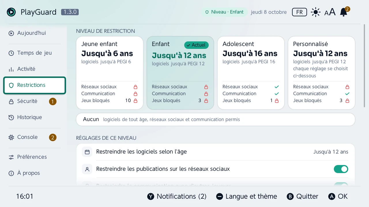 Restrictions : le niveau de restriction et ce qu'il autorise