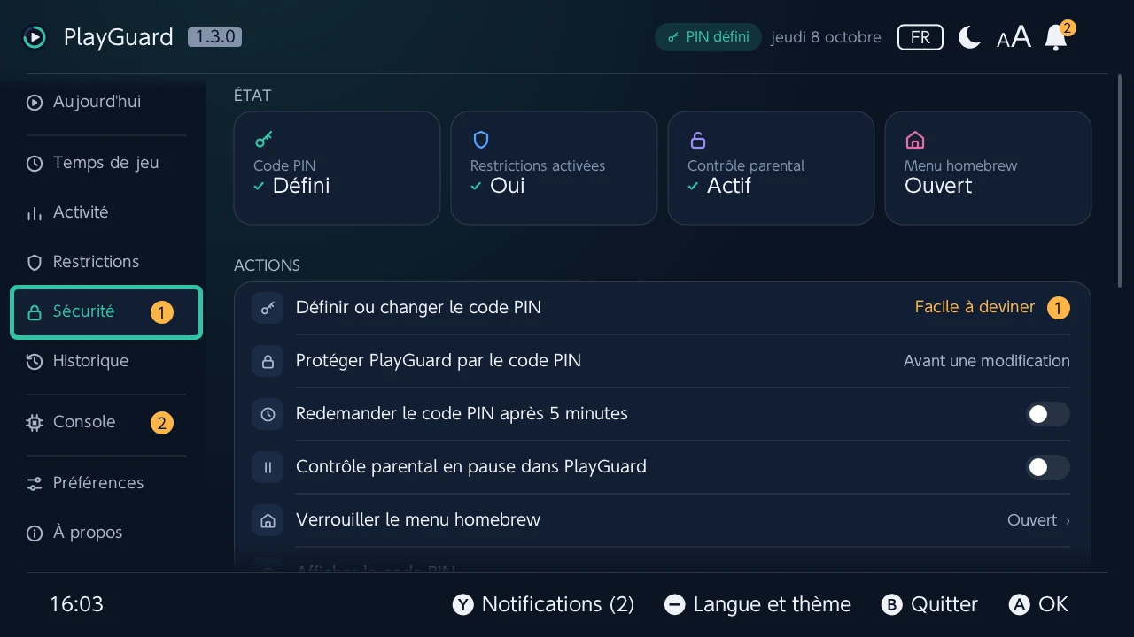 Sécurité : le code PIN, les restrictions et le contrôle parental en tuiles d'état, puis les actions du code PIN
