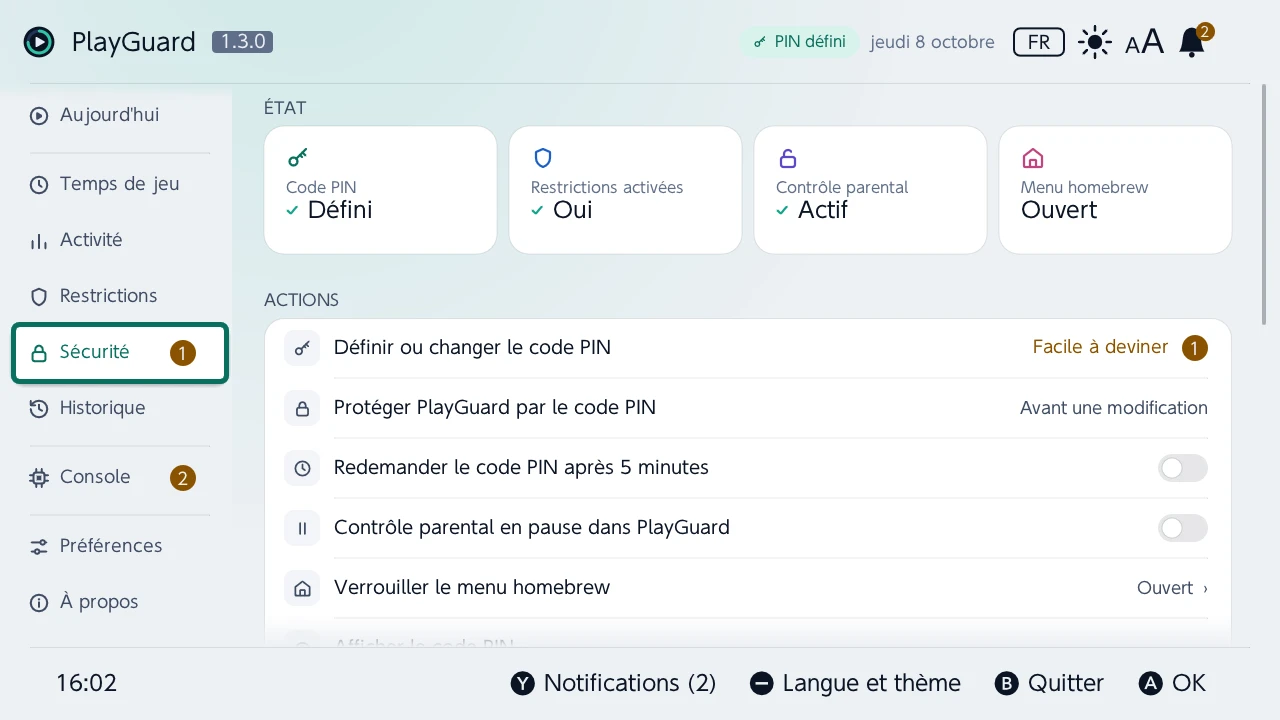 Sécurité : le code PIN, les restrictions et le contrôle parental en tuiles d'état, puis les actions du code PIN