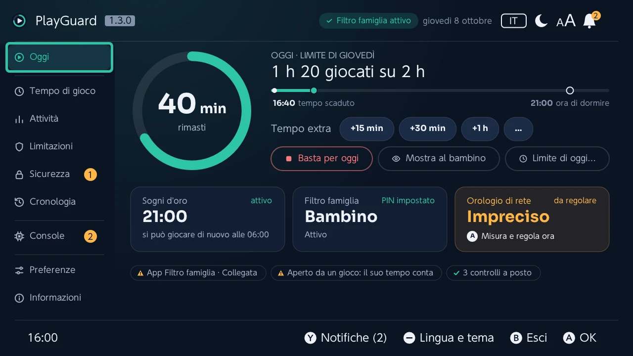 Oggi: il tempo rimasto su un anello, il tempo extra e lo stop per oggi, poi l'ora di dormire, il filtro famiglia e l'orologio di rete a colpo d'occhio