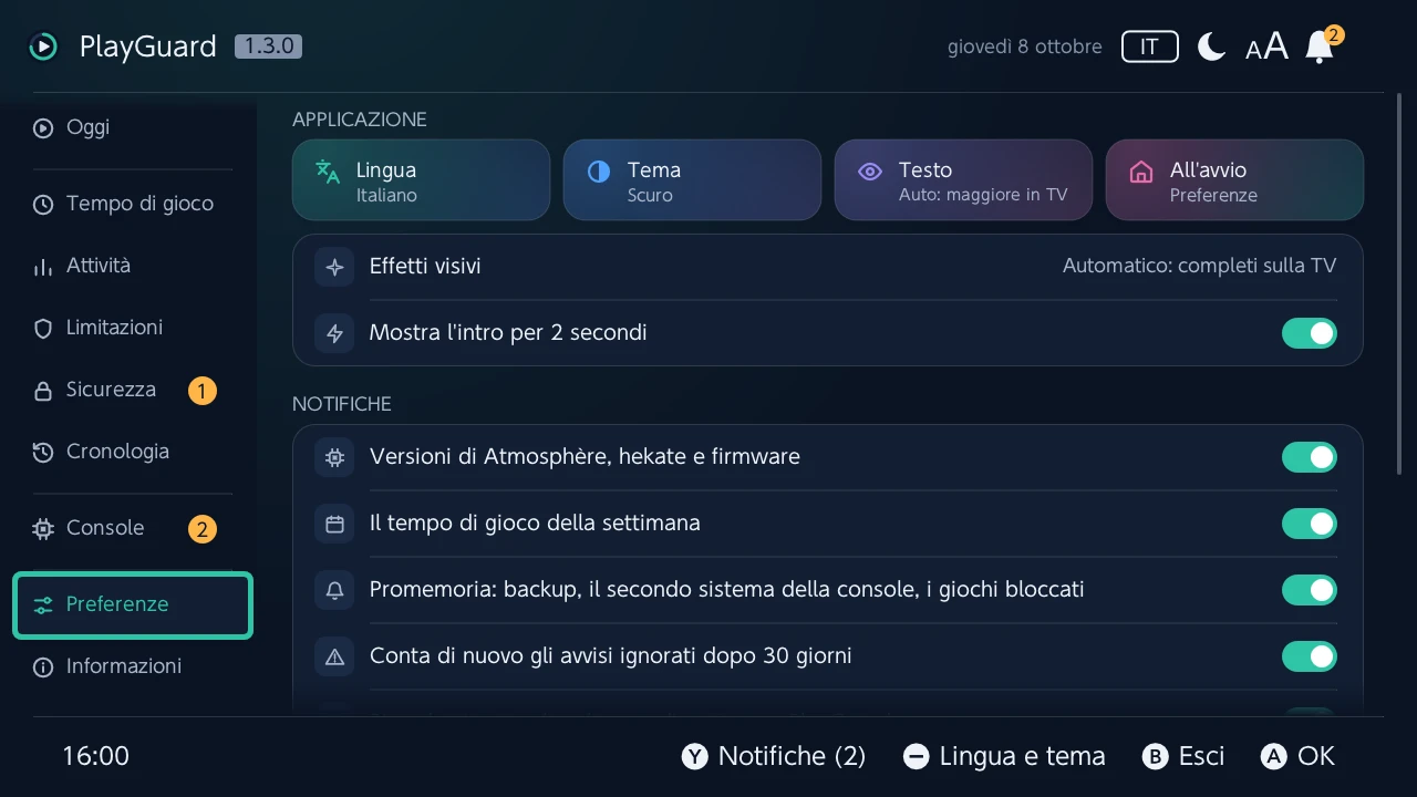 Preferenze: la lingua, il tema, la dimensione del testo e la scheda con cui si apre PlayGuard