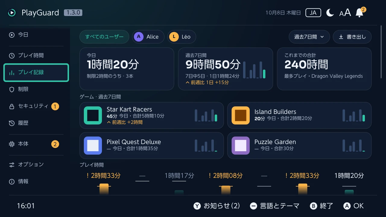 プレイ記録：今日・今週・これまでのプレイ時間を、ソフトごと・アカウントごとに表示する画面