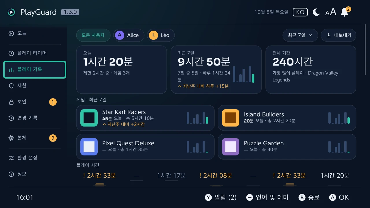 플레이 기록: 오늘, 이번 주, 전체 플레이 시간을 게임별·계정별로 보여 주는 화면