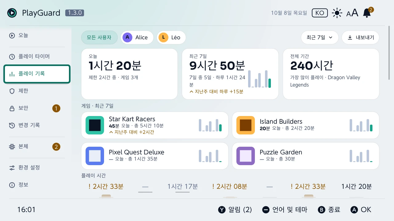 플레이 기록: 오늘, 이번 주, 전체 플레이 시간을 게임별·계정별로 보여 주는 화면