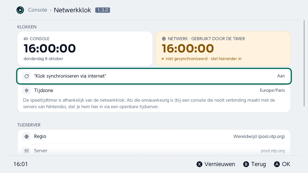 Netwerkklok: de consoleklok naast de netwerkklok waarop de speeltijd steunt