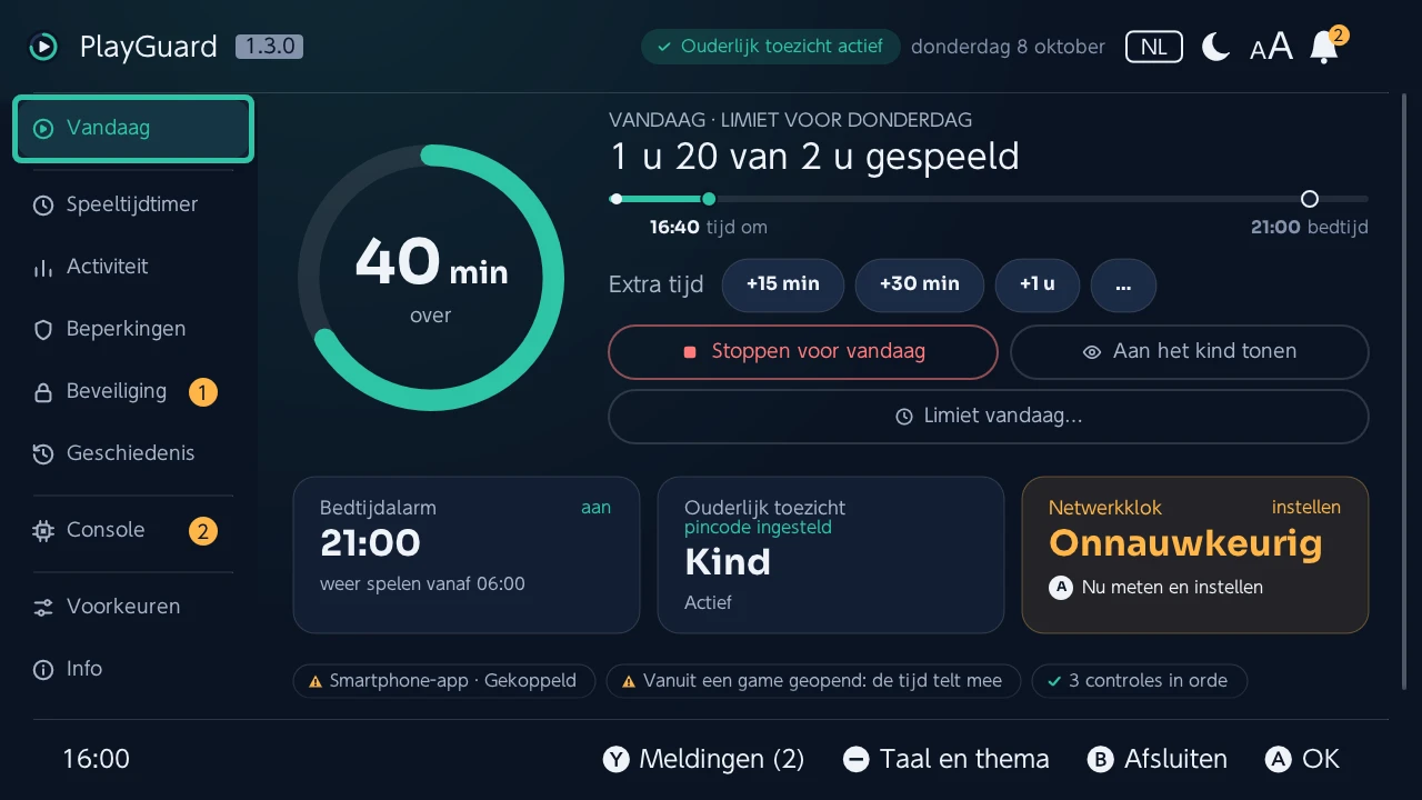 Vandaag: de resterende tijd op een ring, extra tijd en stoppen voor vandaag, dan bedtijd, ouderlijk toezicht en de netwerkklok in één oogopslag