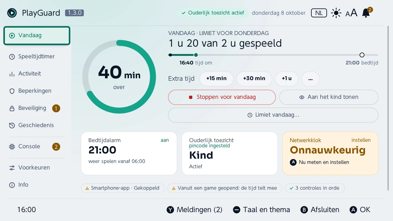 Vandaag: de resterende tijd op een ring, extra tijd en stoppen voor vandaag, dan bedtijd, ouderlijk toezicht en de netwerkklok in één oogopslag