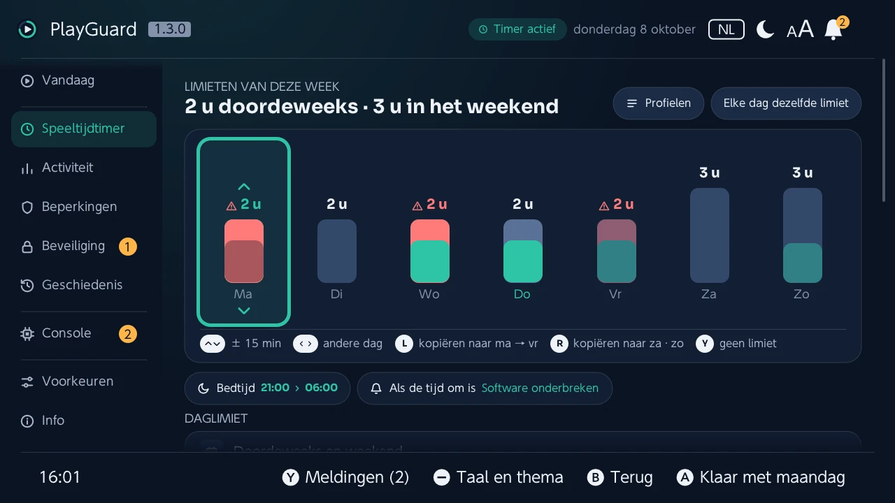 De limiet van één dag wordt in de week gewijzigd, met de stick