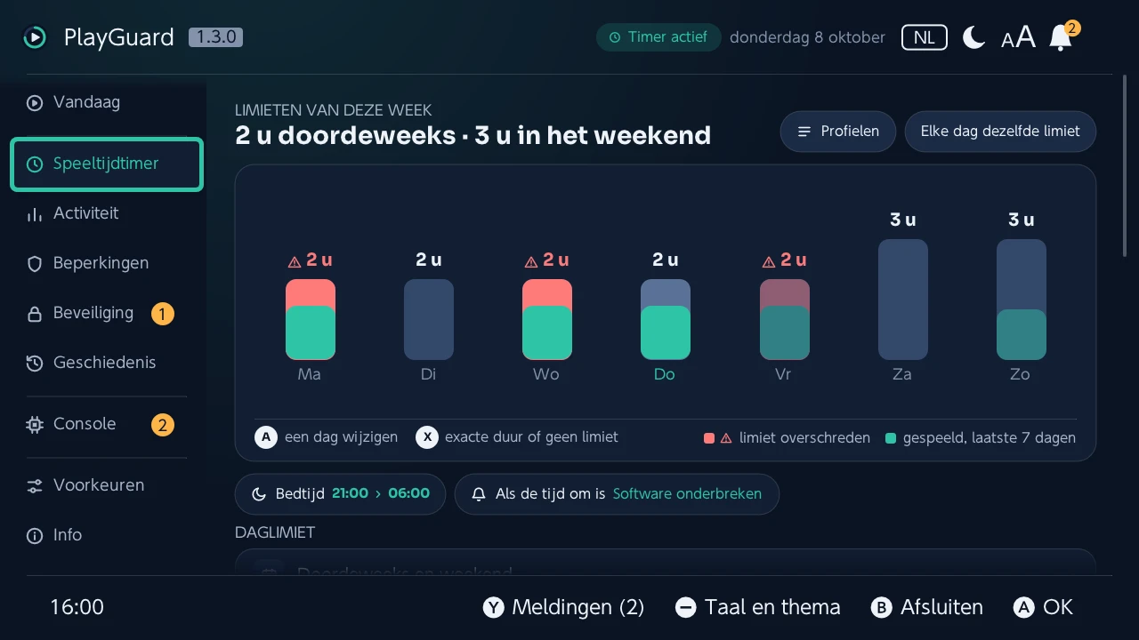 Speeltijdtimer: de limieten van de week als balken met de gespeelde tijd per dag, dan bedtijd en wat er gebeurt als de tijd om is