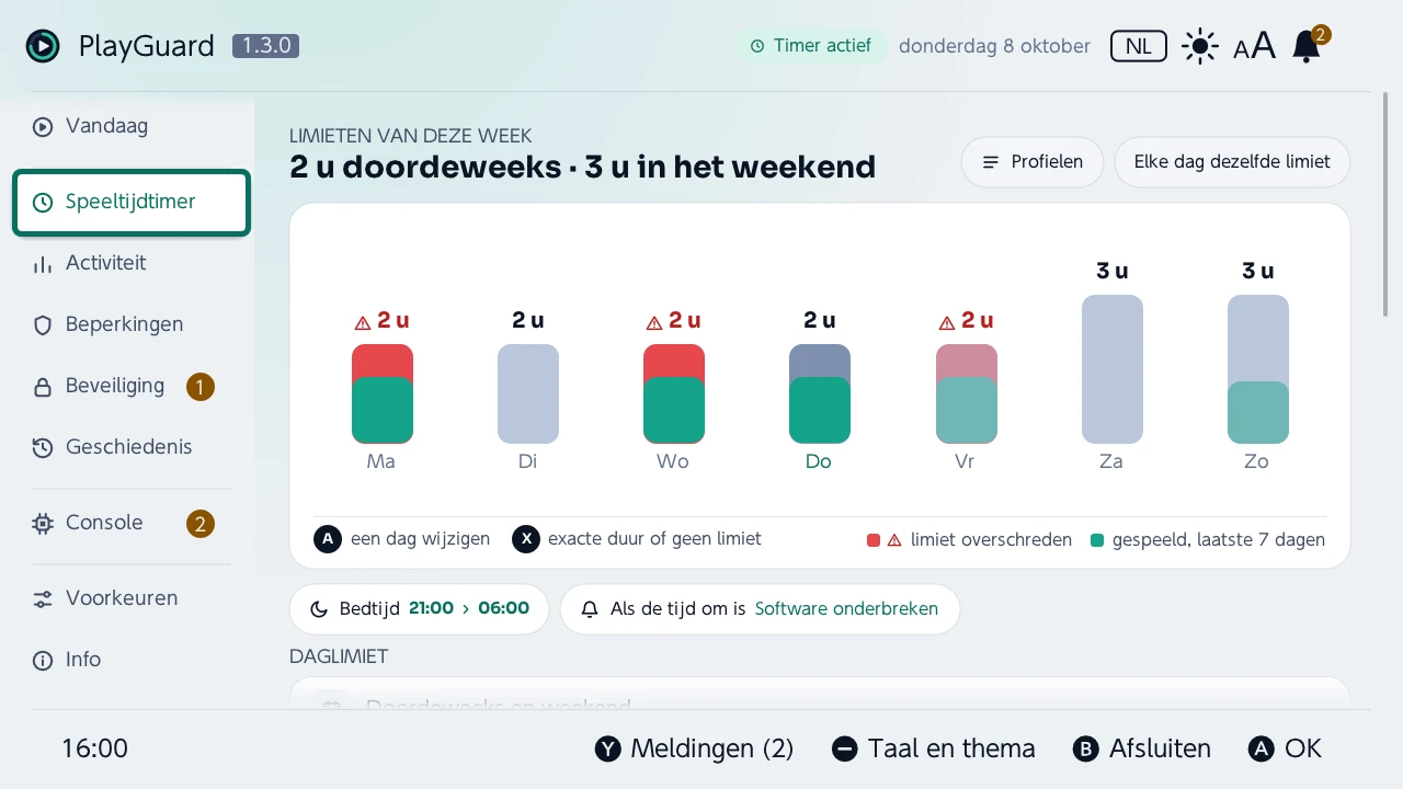 Speeltijdtimer: de limieten van de week als balken met de gespeelde tijd per dag, dan bedtijd en wat er gebeurt als de tijd om is