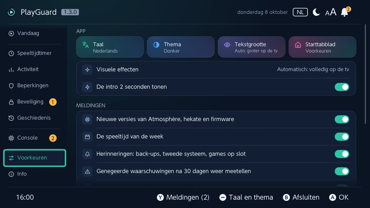 Voorkeuren: de taal, het thema, de tekstgrootte en het tabblad waarmee PlayGuard opent