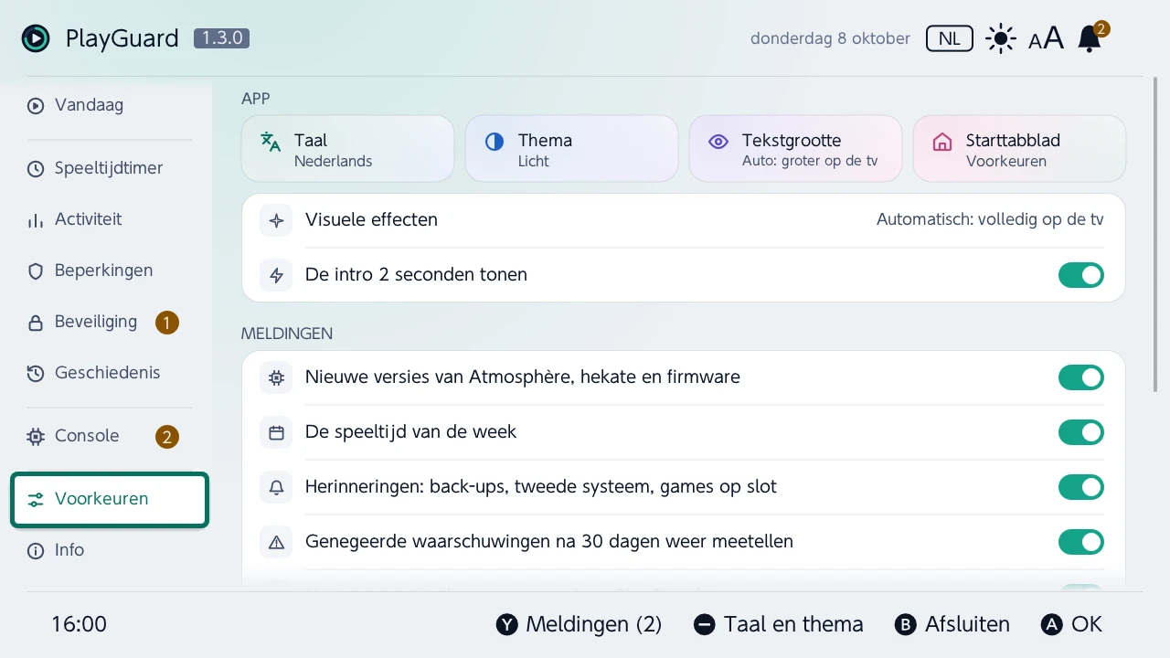 Voorkeuren: de taal, het thema, de tekstgrootte en het tabblad waarmee PlayGuard opent