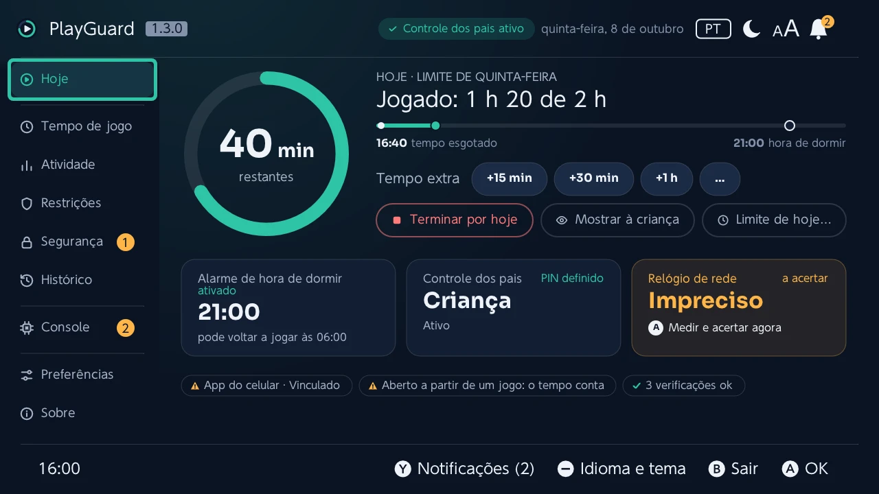 Hoje: o tempo restante em um anel, o tempo extra e parar por hoje, depois a hora de dormir, o controle dos pais e o relógio de rede em um relance