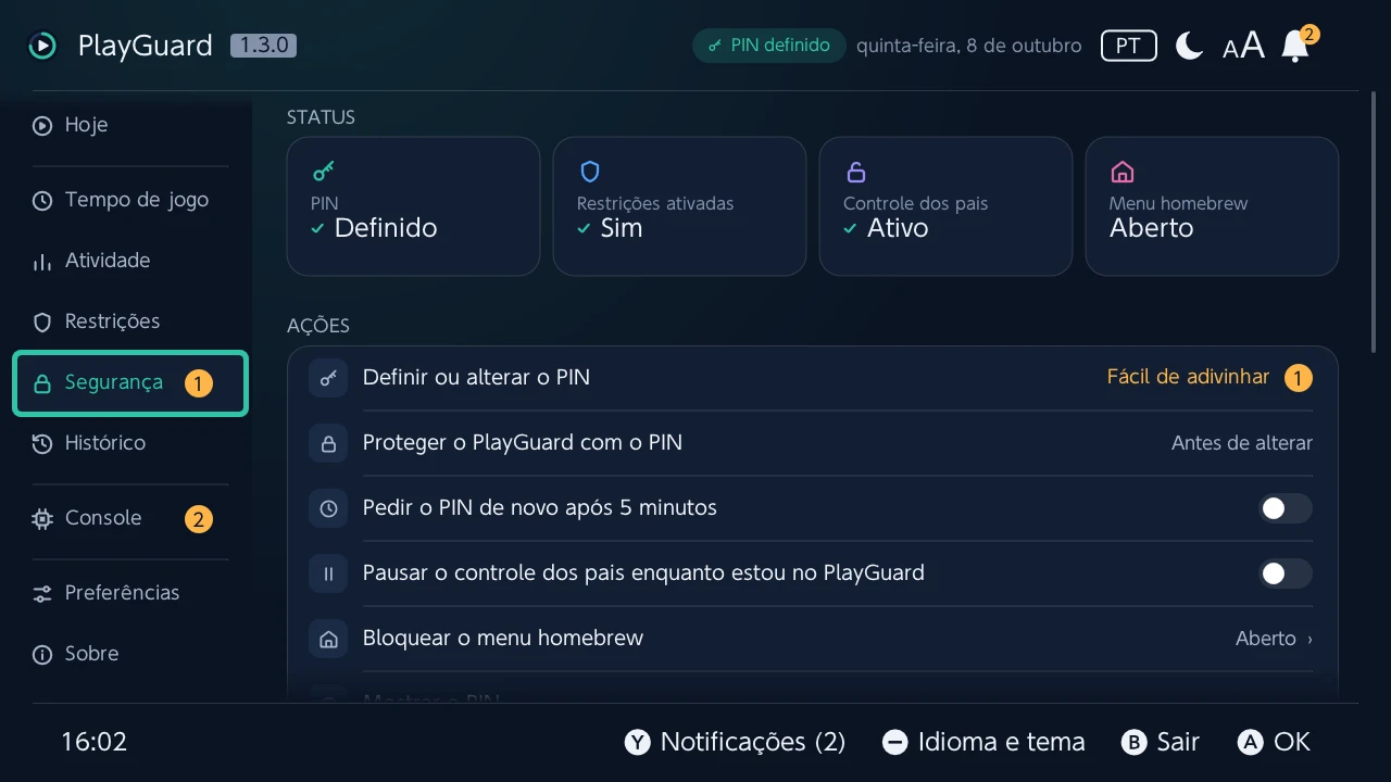 Segurança: o PIN, as restrições e o controle dos pais como blocos de status, depois as ações do PIN