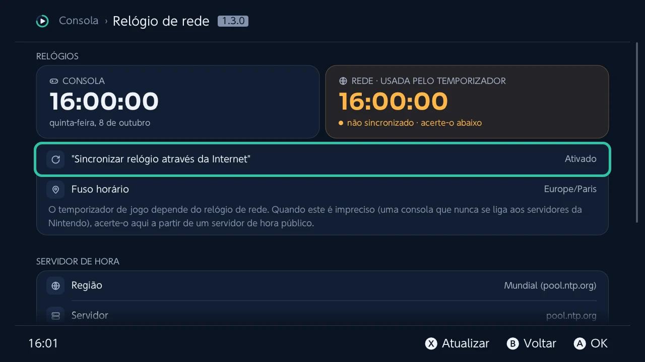 Relógio de rede: o relógio da consola ao lado do relógio de rede de que depende o tempo de jogo
