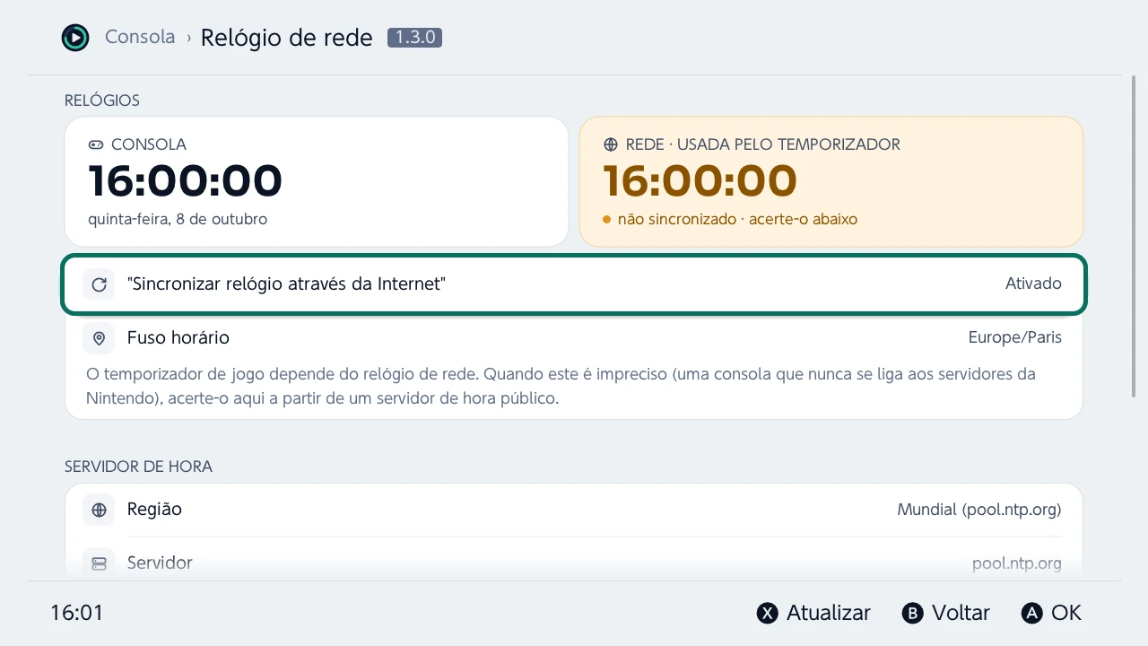 Relógio de rede: o relógio da consola ao lado do relógio de rede de que depende o tempo de jogo